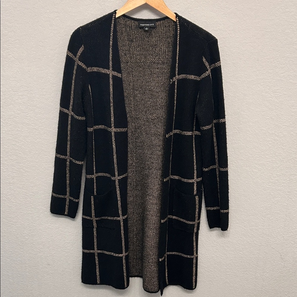 Fortune + Ivy Black and Tan Grid Cardigan